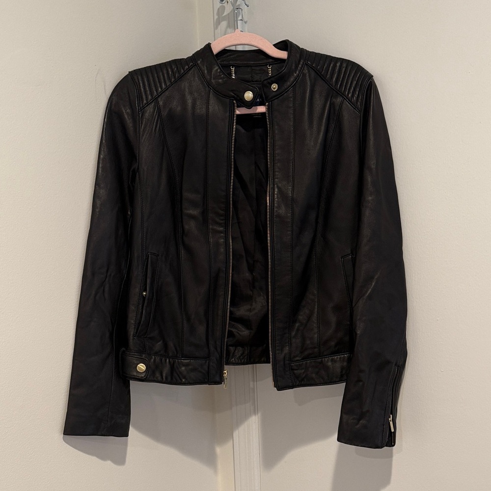 Cole Haan Black Leather Jacket with Gold Accents